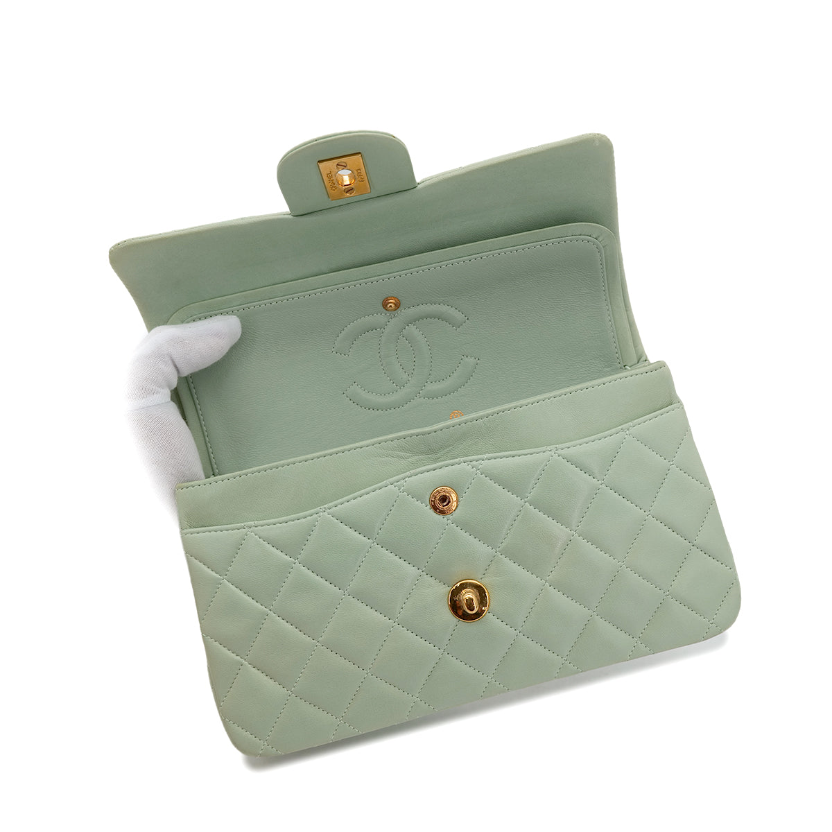 CHANEL VINTAGE CLASSIC FLAP SMALL CHAIN SHOULDER BAG LIGHT GREEN LAMB SKIN 90301110