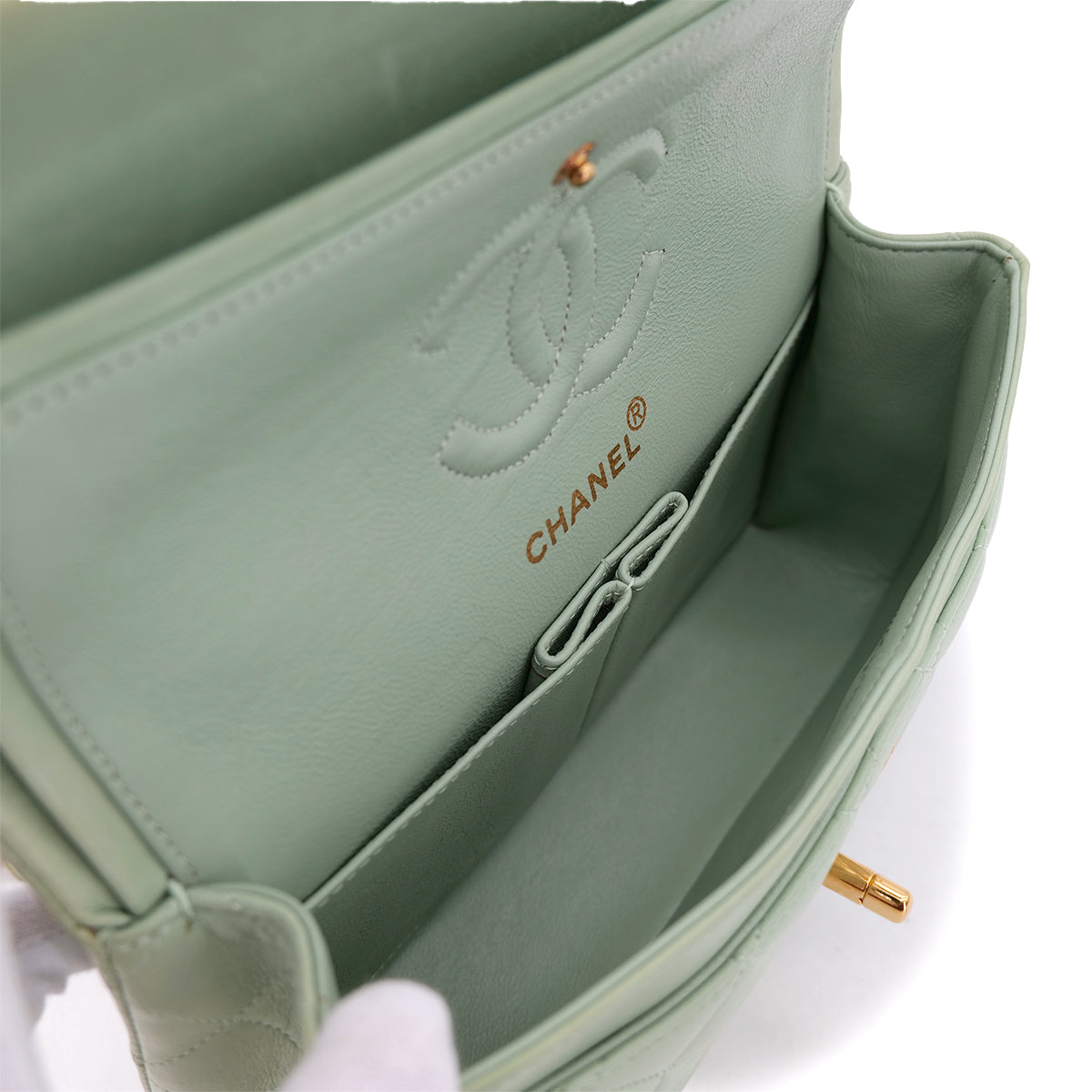 CHANEL VINTAGE CLASSIC FLAP SMALL CHAIN SHOULDER BAG LIGHT GREEN LAMB SKIN 90301110