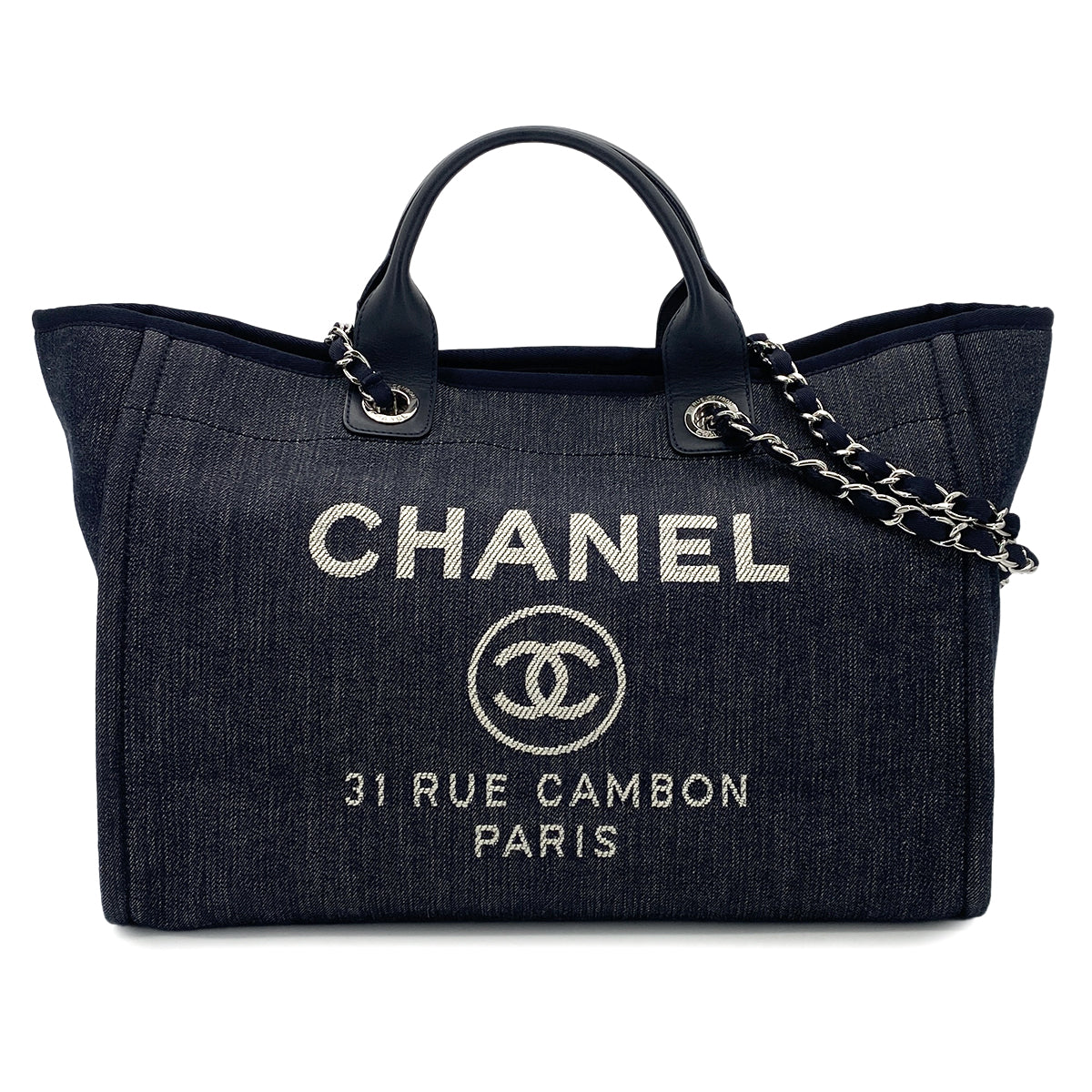 CHANEL DEAUVILLE GM CHAIN TOTE BAG NAVY CANVAS LEATHER 90301111