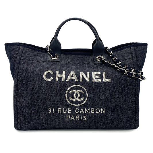CHANEL DEAUVILLE GM CHAIN TOTE BAG NAVY CANVAS LEATHER 90301111