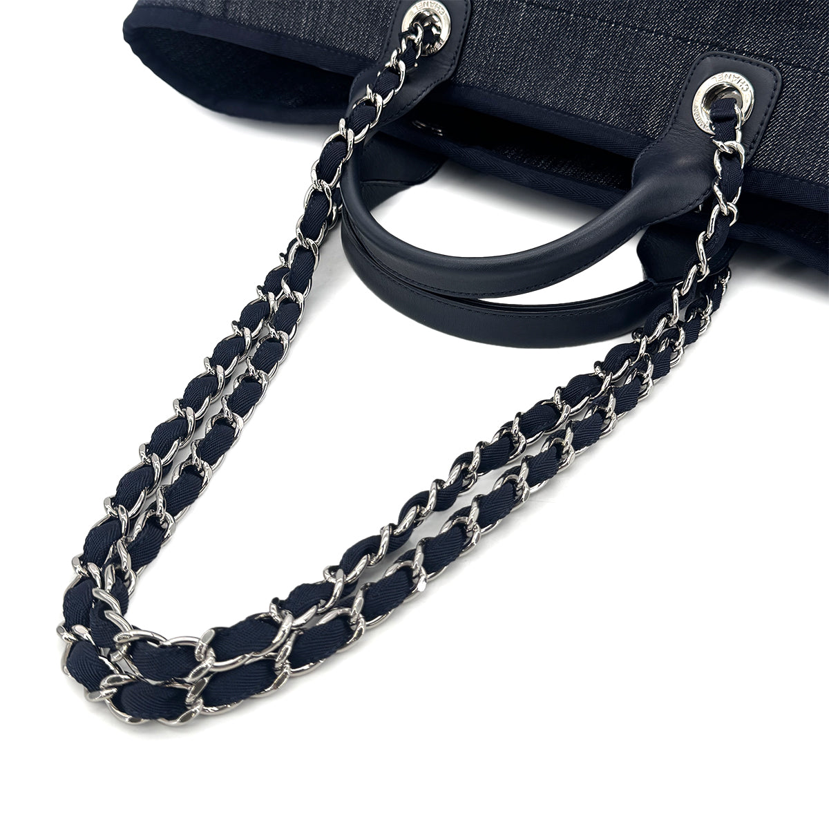 CHANEL DEAUVILLE GM CHAIN TOTE BAG NAVY CANVAS LEATHER 90301111