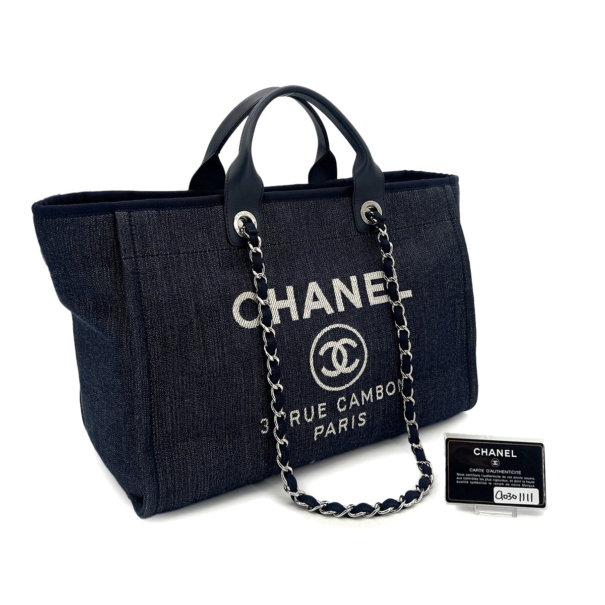 CHANEL DEAUVILLE GM CHAIN TOTE BAG NAVY CANVAS LEATHER 90301111