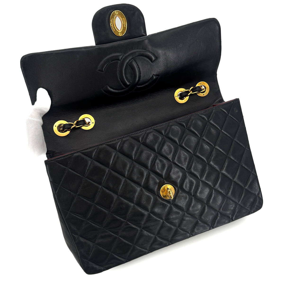 CHANEL VINTAGE MAXI MATELASSE 34 CHAIN SHOULDER BAG BLACK LAMB SKIN 90301112