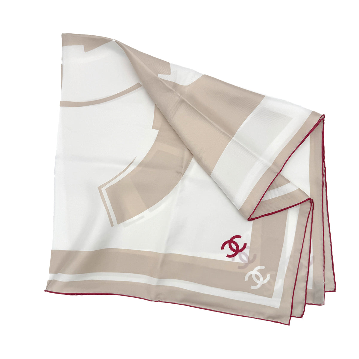 CHANEL COCOMARK SCARF BEIGE WHITE RED SILK 90301122