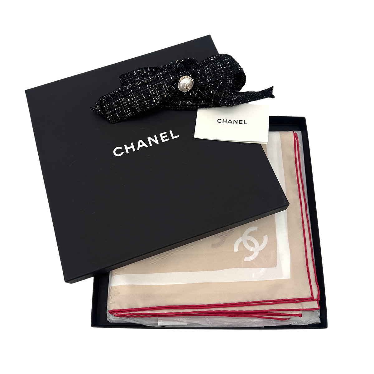 CHANEL COCOMARK SCARF BEIGE WHITE RED SILK 90301122