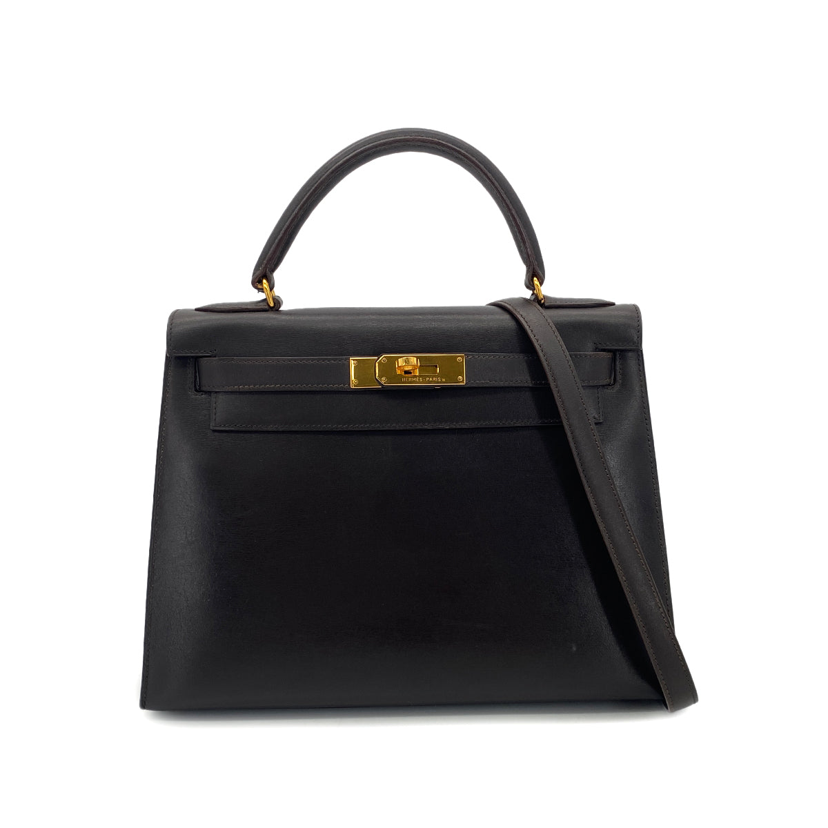 HERMES KELLY 28 SELLIER EBENE BOX CALF HAND SHOULDER BAG 〇U GHW 90301631