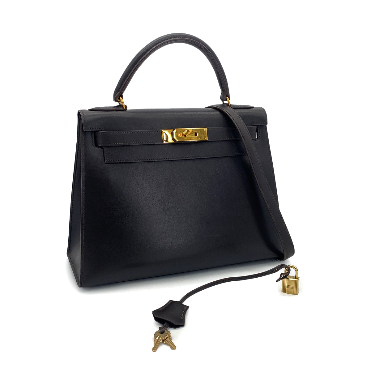 HERMES KELLY 28 SELLIER EBENE BOX CALF HAND SHOULDER BAG 〇U GHW 90301631