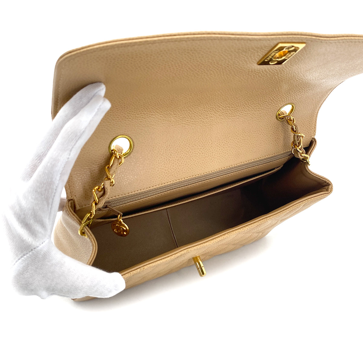 CHANEL VINTAGE DIANA MEDIUM CHAIN SHOULDER BAG BEIGE CAVIAR SKIN 90301634