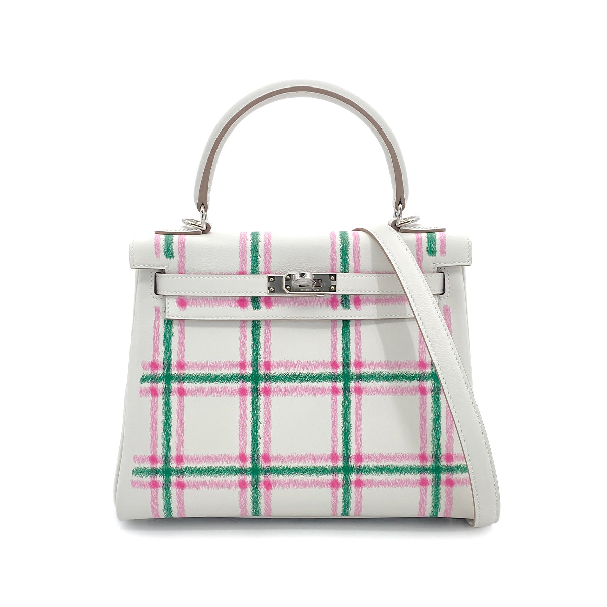 HERMES KELLY25 RETOURNE TARTAN LIGHT NEW GRIS PERLE VERT MOYEN ROSE BUBBLEGUM SWIFT K 90301644