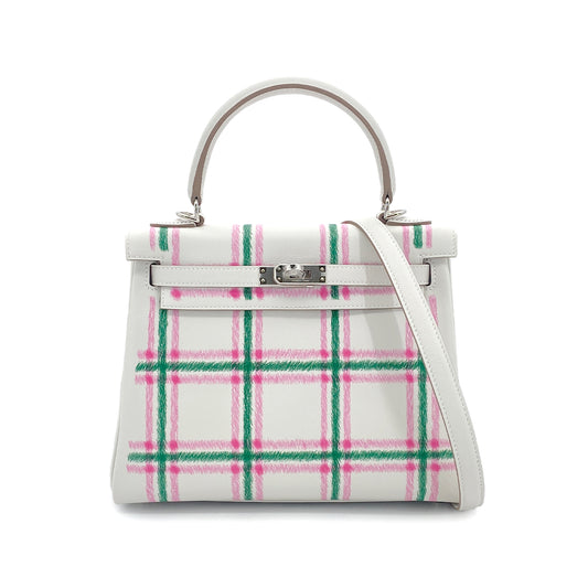 HERMES KELLY25 RETOURNE TARTAN LIGHT NEW GRIS PERLE VERT MOYEN ROSE BUBBLEGUM SWIFT K 90301644
