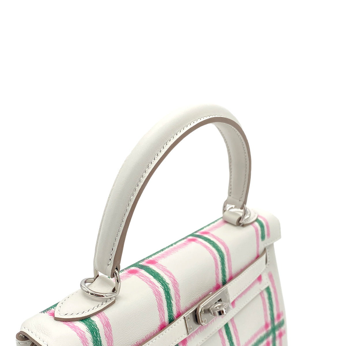 HERMES KELLY25 RETOURNE TARTAN LIGHT NEW GRIS PERLE VERT MOYEN ROSE BUBBLEGUM SWIFT K 90301644