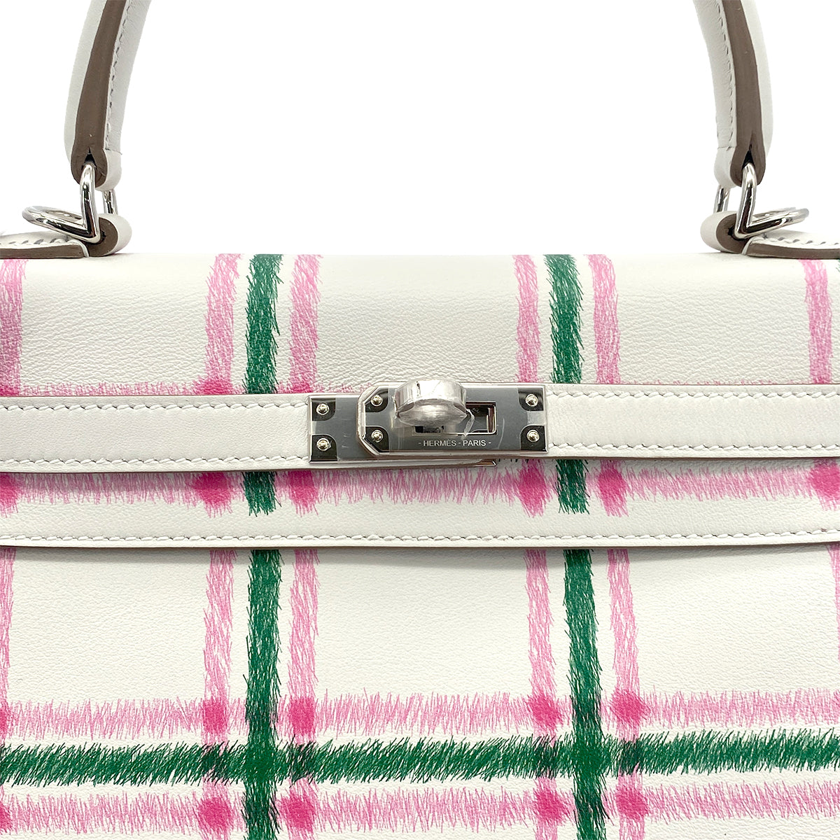 HERMES KELLY25 RETOURNE TARTAN LIGHT NEW GRIS PERLE VERT MOYEN ROSE BUBBLEGUM SWIFT K 90301644