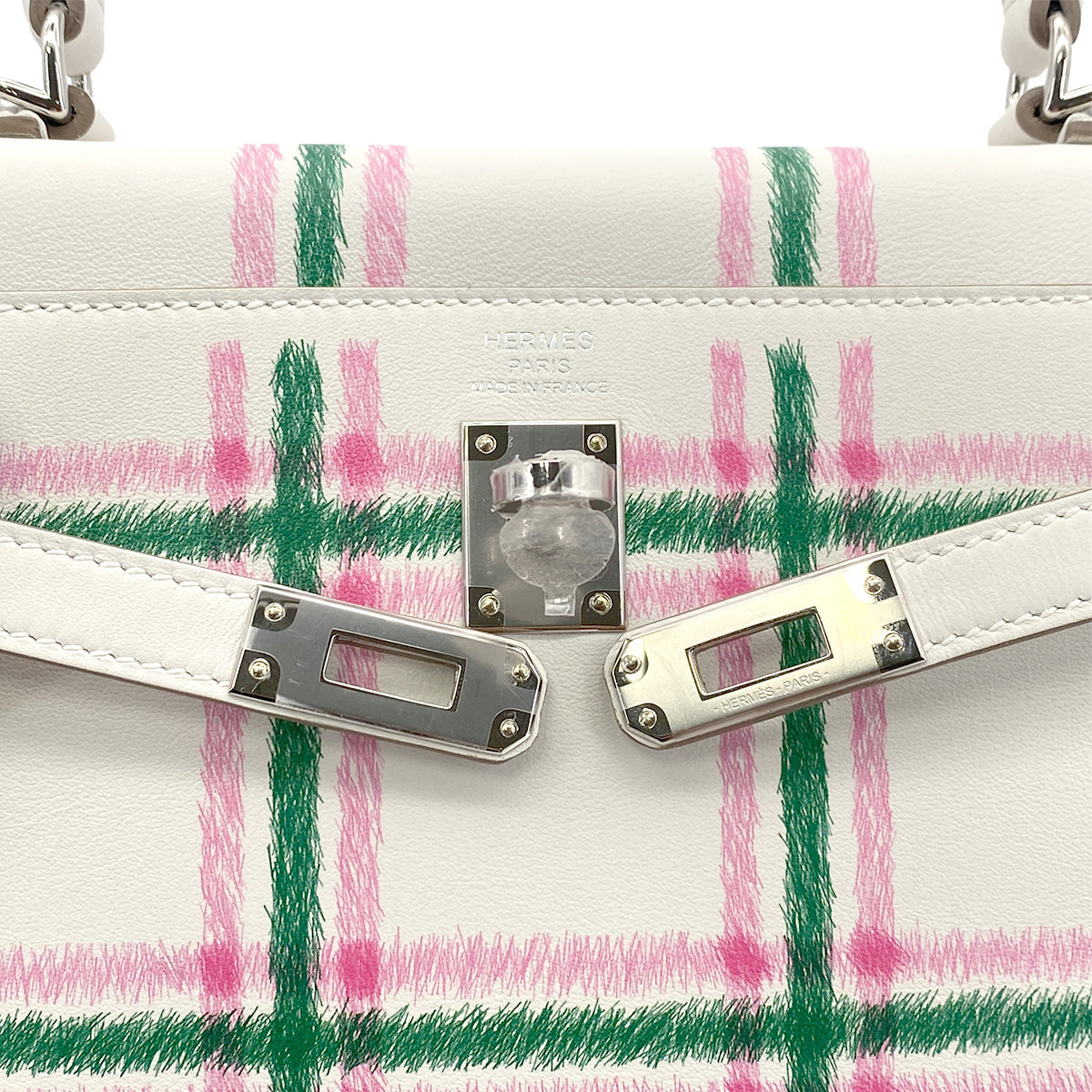HERMES KELLY25 RETOURNE TARTAN LIGHT NEW GRIS PERLE VERT MOYEN ROSE BUBBLEGUM SWIFT K 90301644