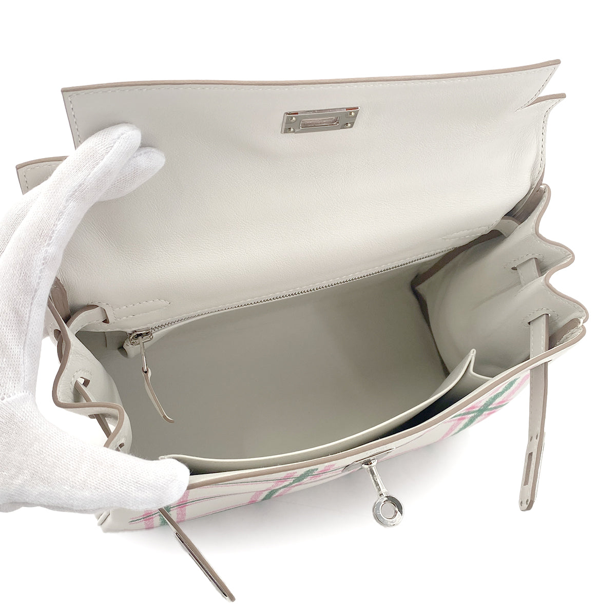 HERMES KELLY25 RETOURNE TARTAN LIGHT NEW GRIS PERLE VERT MOYEN ROSE BUBBLEGUM SWIFT K 90301644