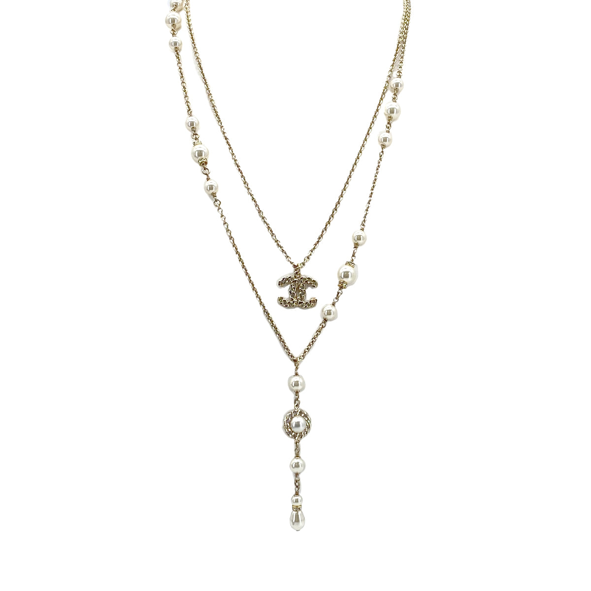 CHANEL NECKLACE COCOMARK DOUBLE CHAIN FAUX PEARL RHINESTONE ACCESSORY B19P 90301667