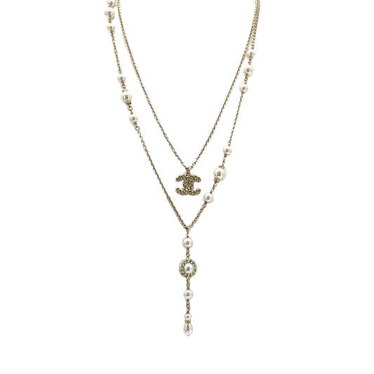 CHANEL NECKLACE COCOMARK DOUBLE CHAIN FAUX PEARL RHINESTONE ACCESSORY B19P 90301667