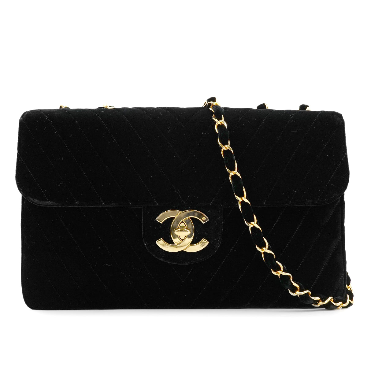 CHANEL VINTAGE MAXI CHEVRON CHAIN SHOULDER BAG BLACK VELOR 90301702
