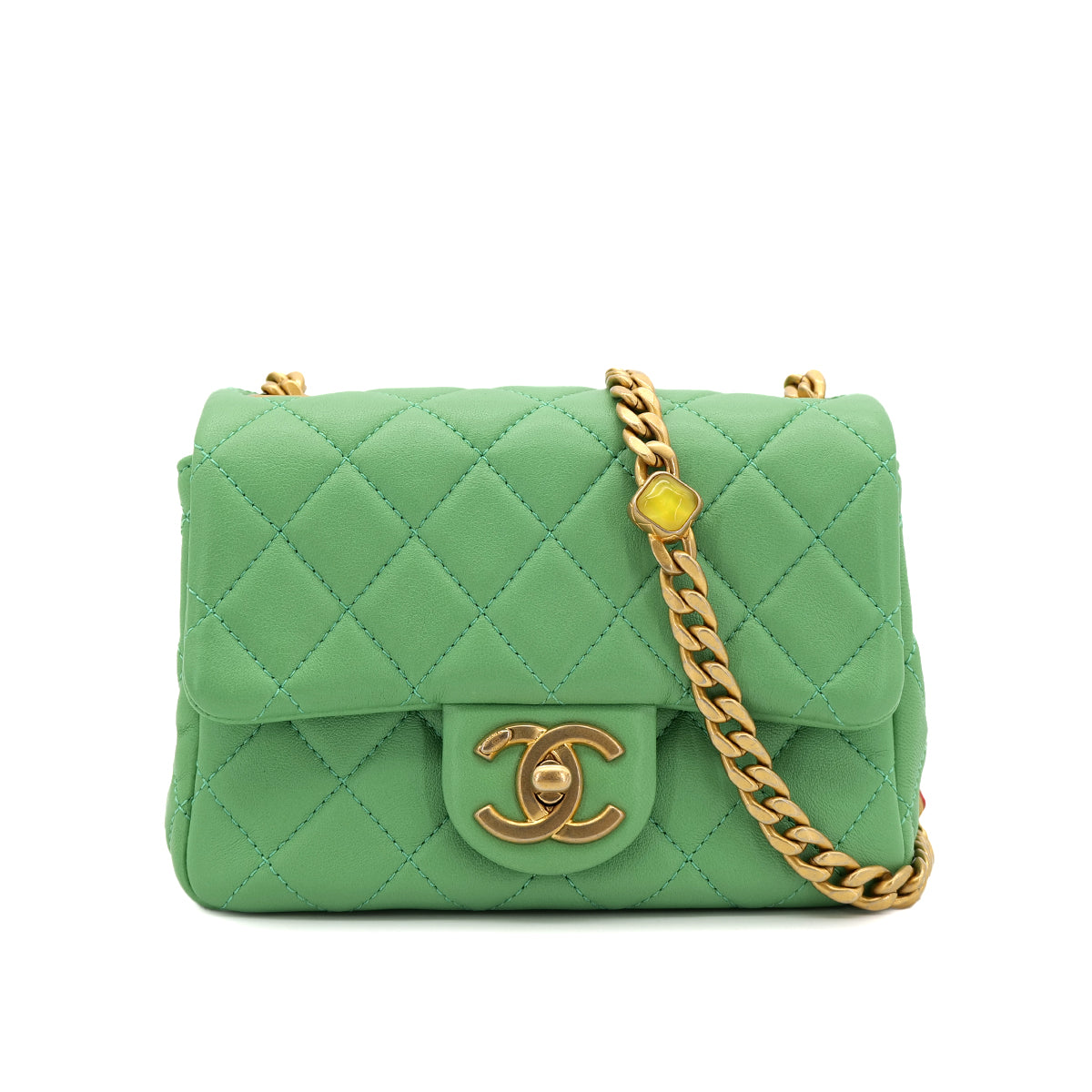 CHANEL MINI MATELASSE CHAIN SHOULDER BAG GREEN LAMB SKIN 90301708