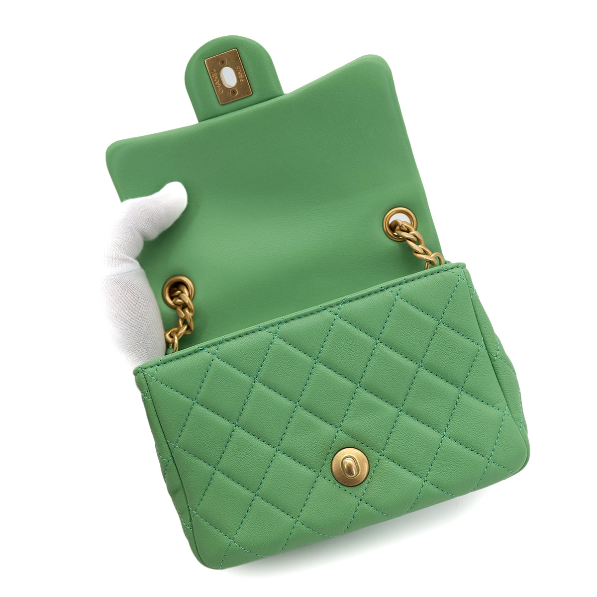 CHANEL MINI MATELASSE CHAIN SHOULDER BAG GREEN LAMB SKIN 90301708