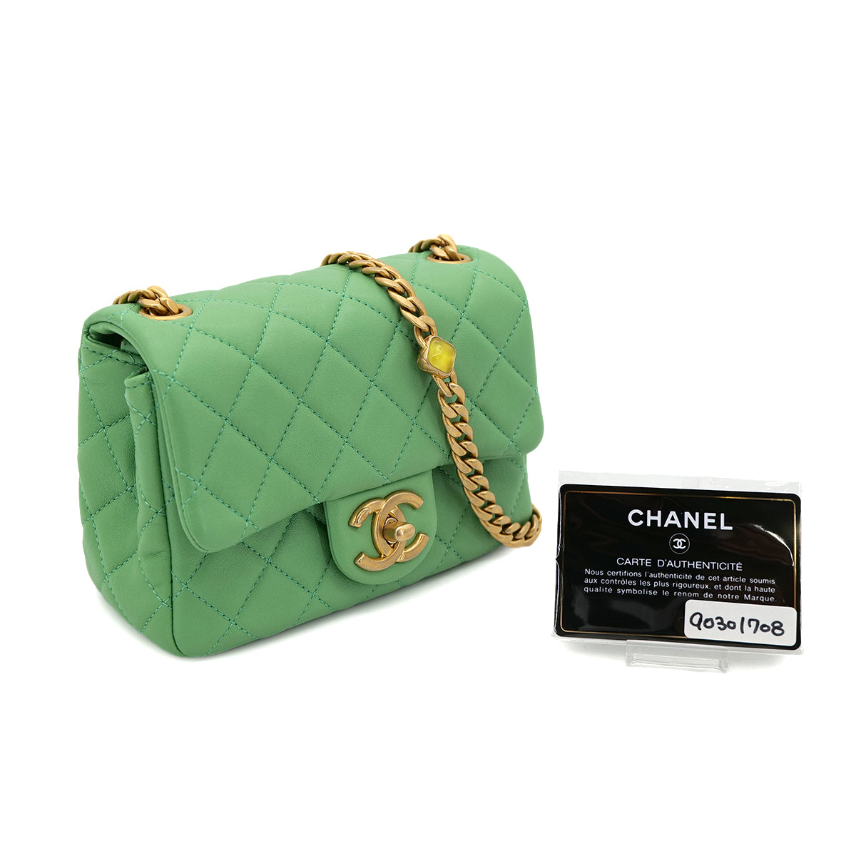 CHANEL MINI MATELASSE CHAIN SHOULDER BAG GREEN LAMB SKIN 90301708