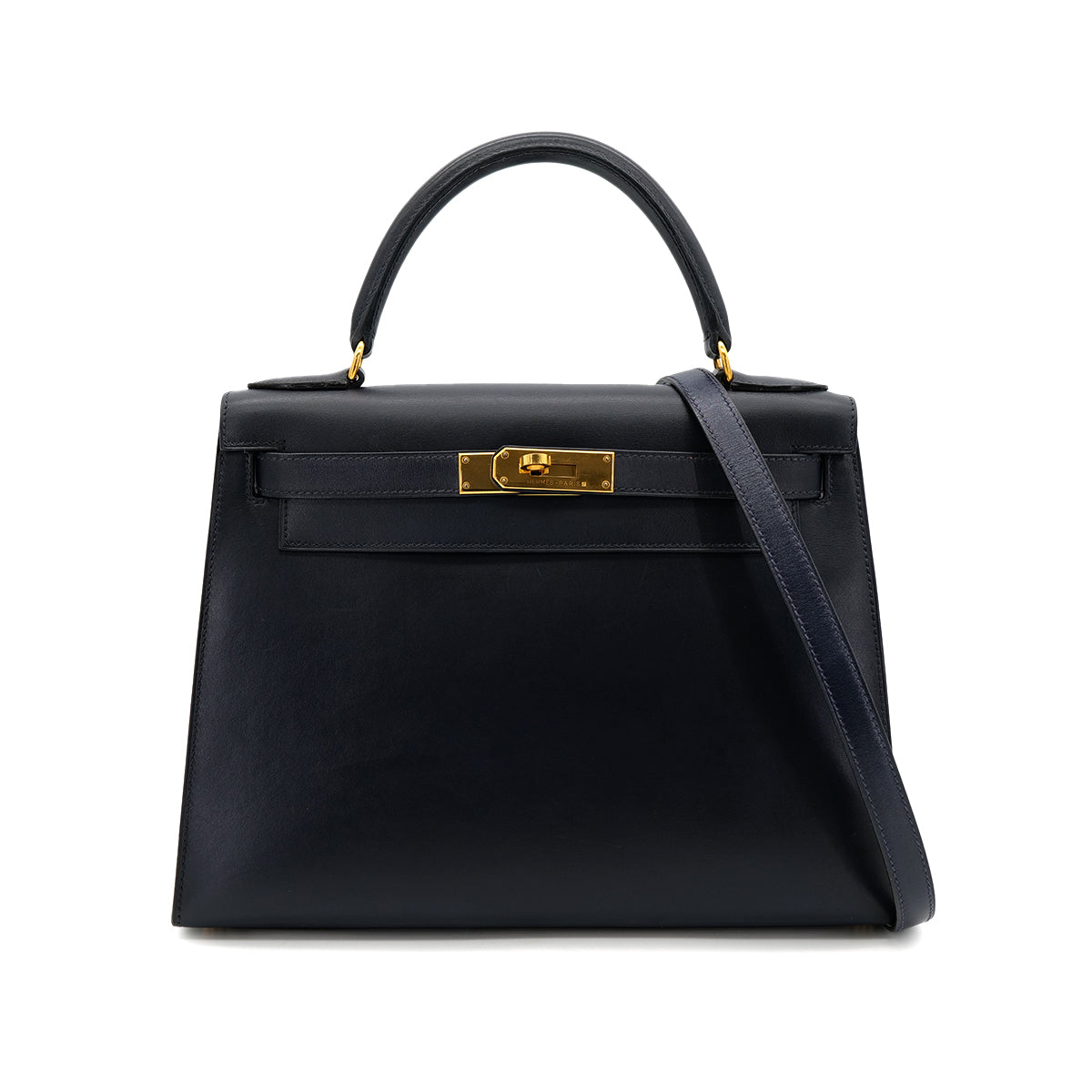 HERMES KELLY 28 SELLIER BLUE INDIGO BOXCALF HAND SHOULDER BAG □C GHW 90301712