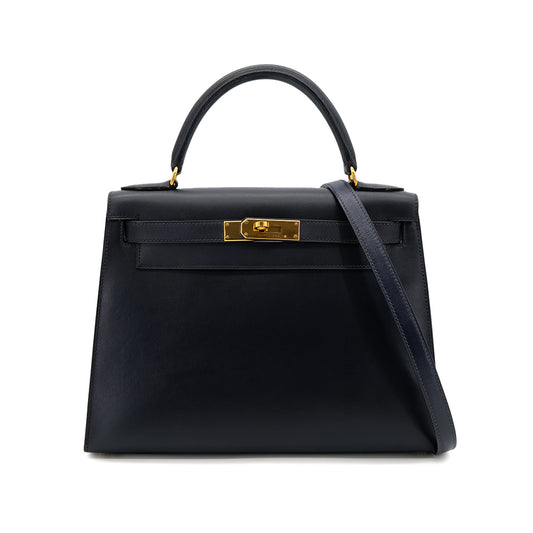 HERMES KELLY 28 SELLIER BLUE INDIGO BOXCALF HAND SHOULDER BAG □C GHW 90301712