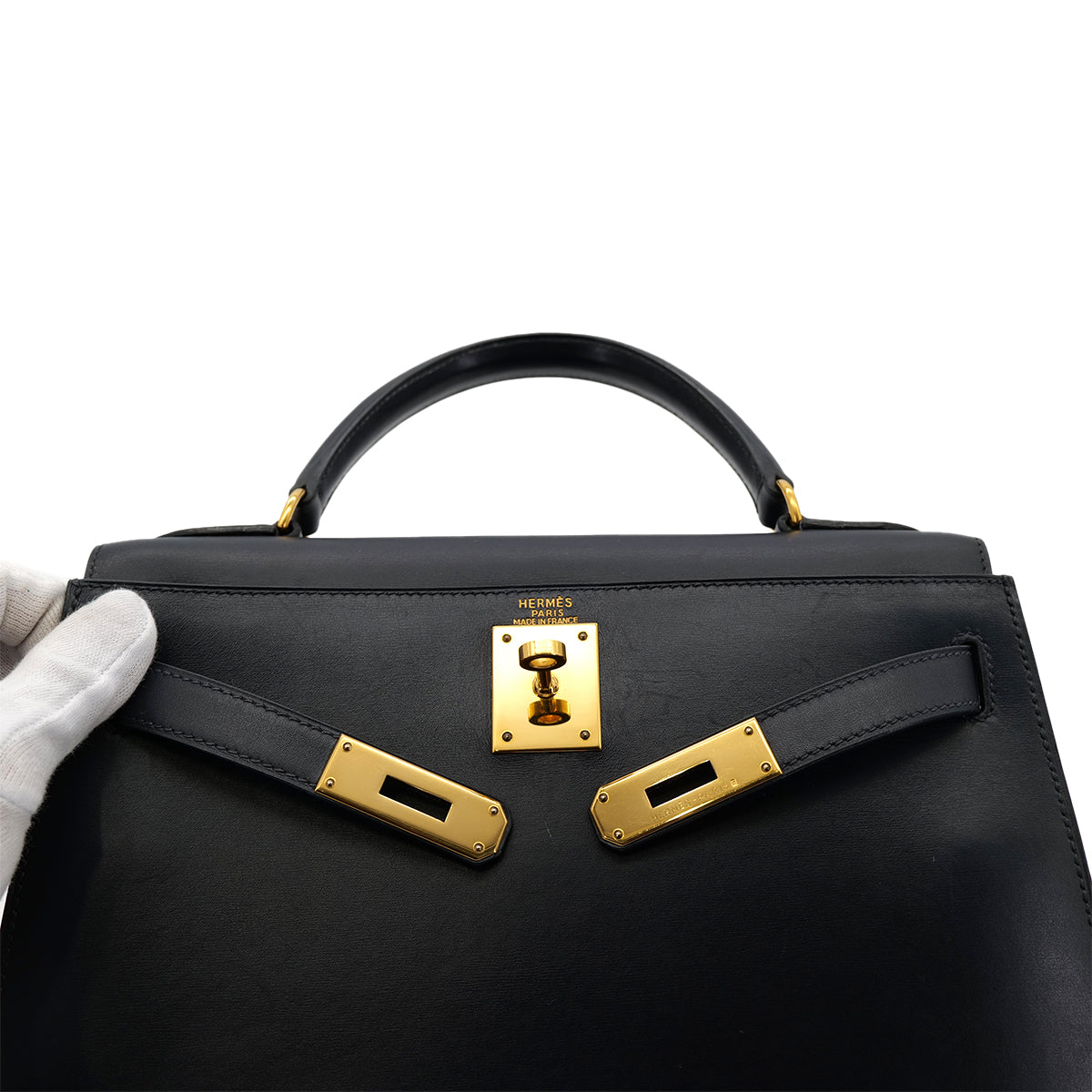 HERMES KELLY 28 SELLIER BLUE INDIGO BOXCALF HAND SHOULDER BAG □C GHW 90301712