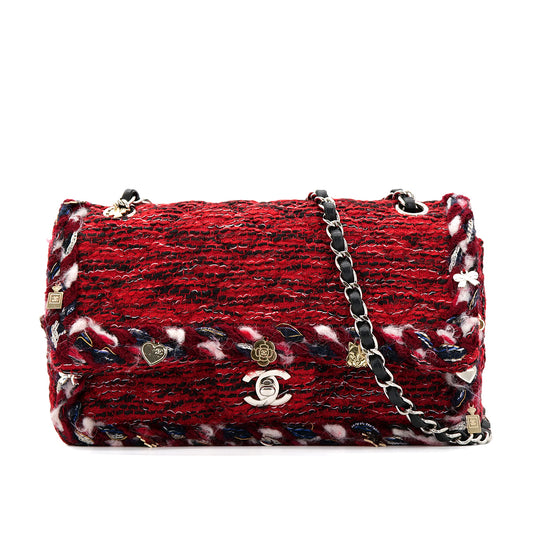 CHANEL MATELASSE CHAIN SHOULDER BAG RED TWEED ICON CHARM 90301722