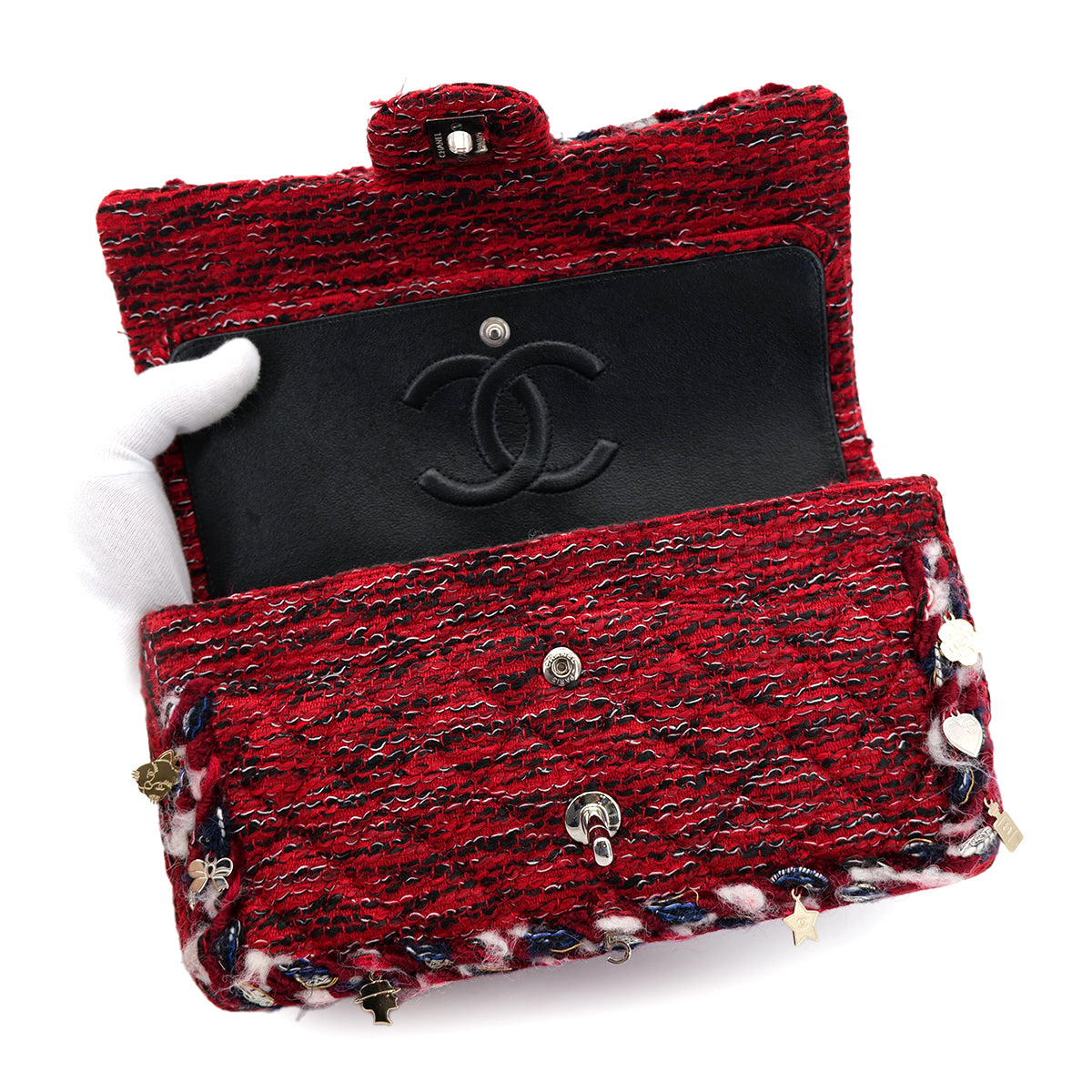 CHANEL MATELASSE CHAIN SHOULDER BAG RED TWEED ICON CHARM 90301722
