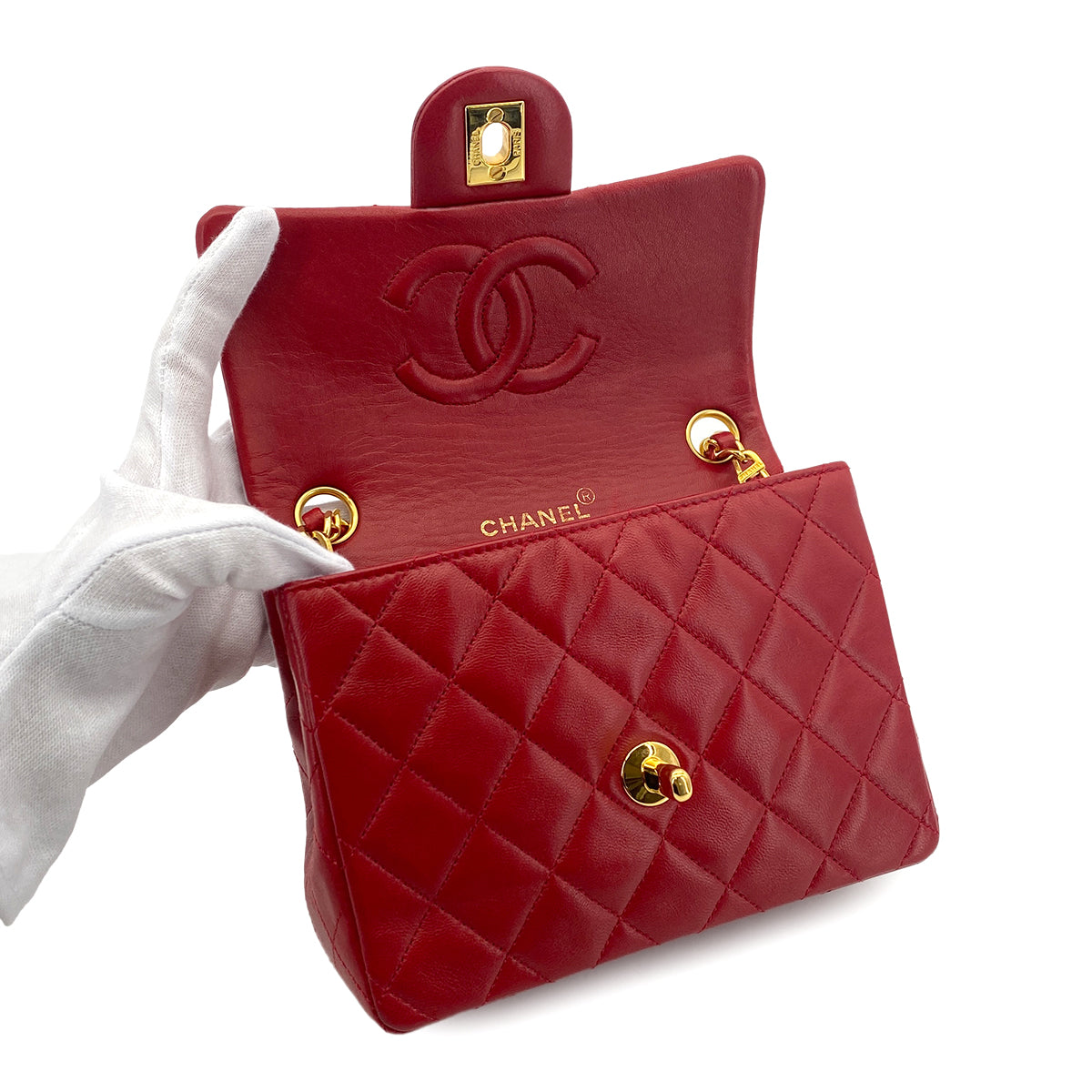 CHANEL VINTAGE MINI SQUARE 17 CHAIN SHOULDER BAG RED LAMB SKIN 90301726