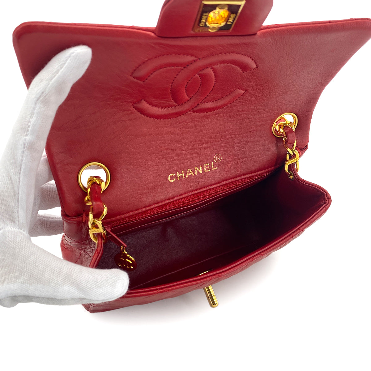 CHANEL VINTAGE MINI SQUARE 17 CHAIN SHOULDER BAG RED LAMB SKIN 90301726