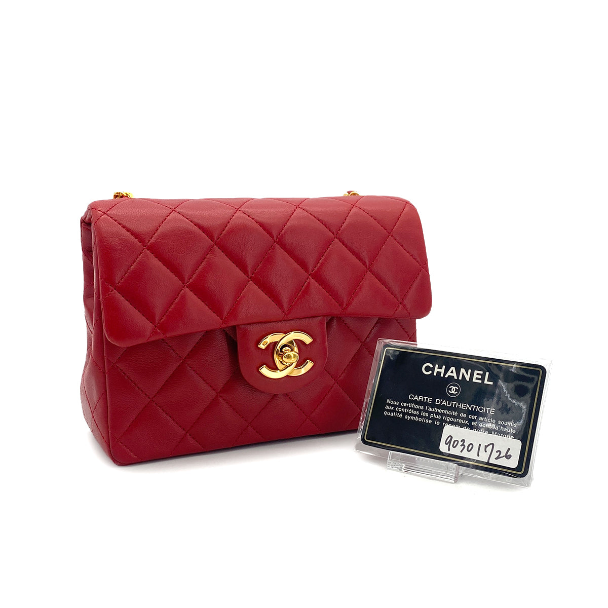 CHANEL VINTAGE MINI SQUARE 17 CHAIN SHOULDER BAG RED LAMB SKIN 90301726