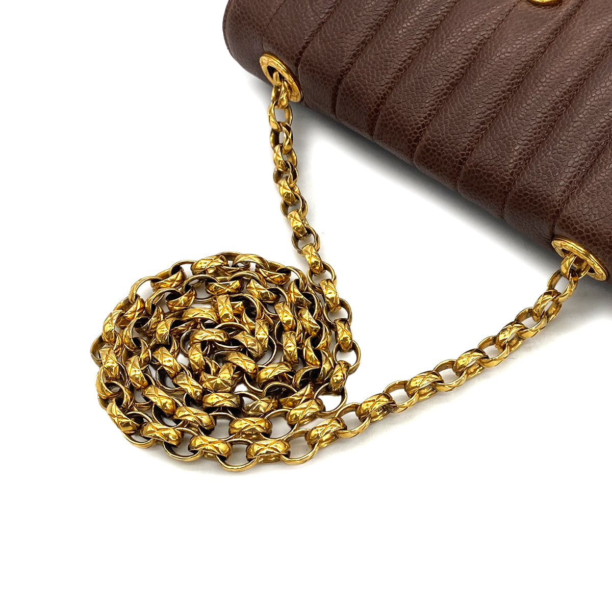 CHANEL VINTAGE MADEMOISELLE BIJOU CHAIN SHOULDER BAG BROWN CAVIAR SKIN 90301734