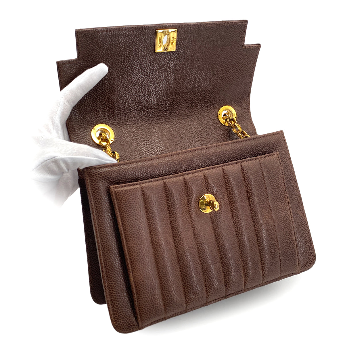 CHANEL VINTAGE MADEMOISELLE BIJOU CHAIN SHOULDER BAG BROWN CAVIAR SKIN 90301734