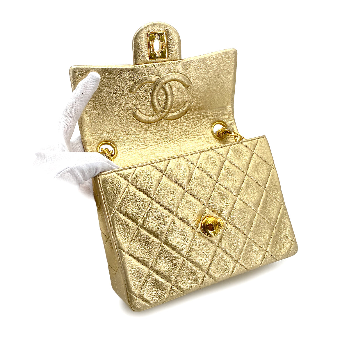 CHANEL VINTAGE MINI SQUARE 17 CHAIN SHOULDER BAG GOLD LAMB SKIN 90301738