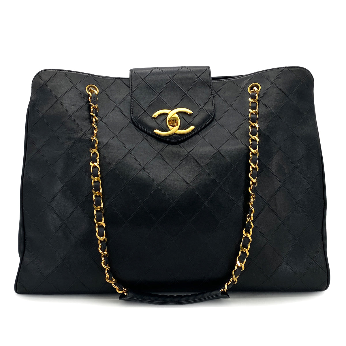 CHANEL VINTAGE SUPER MODEL BICOLORE CHAIN TOTE BAG BLACK LEATHER 90301740