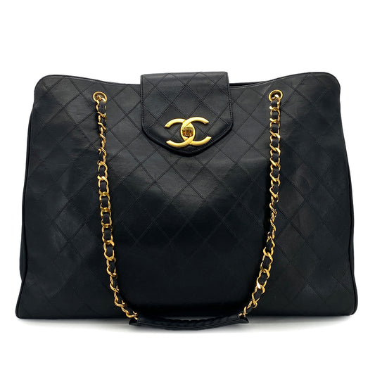 CHANEL VINTAGE SUPER MODEL BICOLORE CHAIN TOTE BAG BLACK LEATHER 90301740
