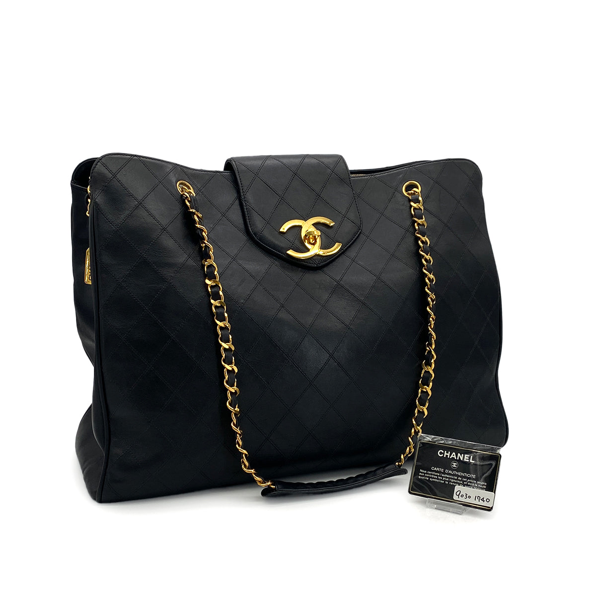 CHANEL VINTAGE SUPER MODEL BICOLORE CHAIN TOTE BAG BLACK LEATHER 90301740