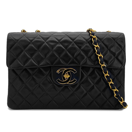 CHANEL VINTAGE MAXI MATELASSE 34 CHAIN SHOULDER BAG BLACK LAMB SKIN 90301745