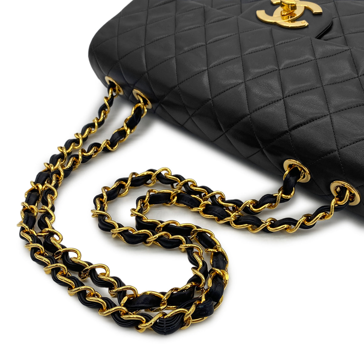 CHANEL VINTAGE MAXI MATELASSE 34 CHAIN SHOULDER BAG BLACK LAMB SKIN 90301745