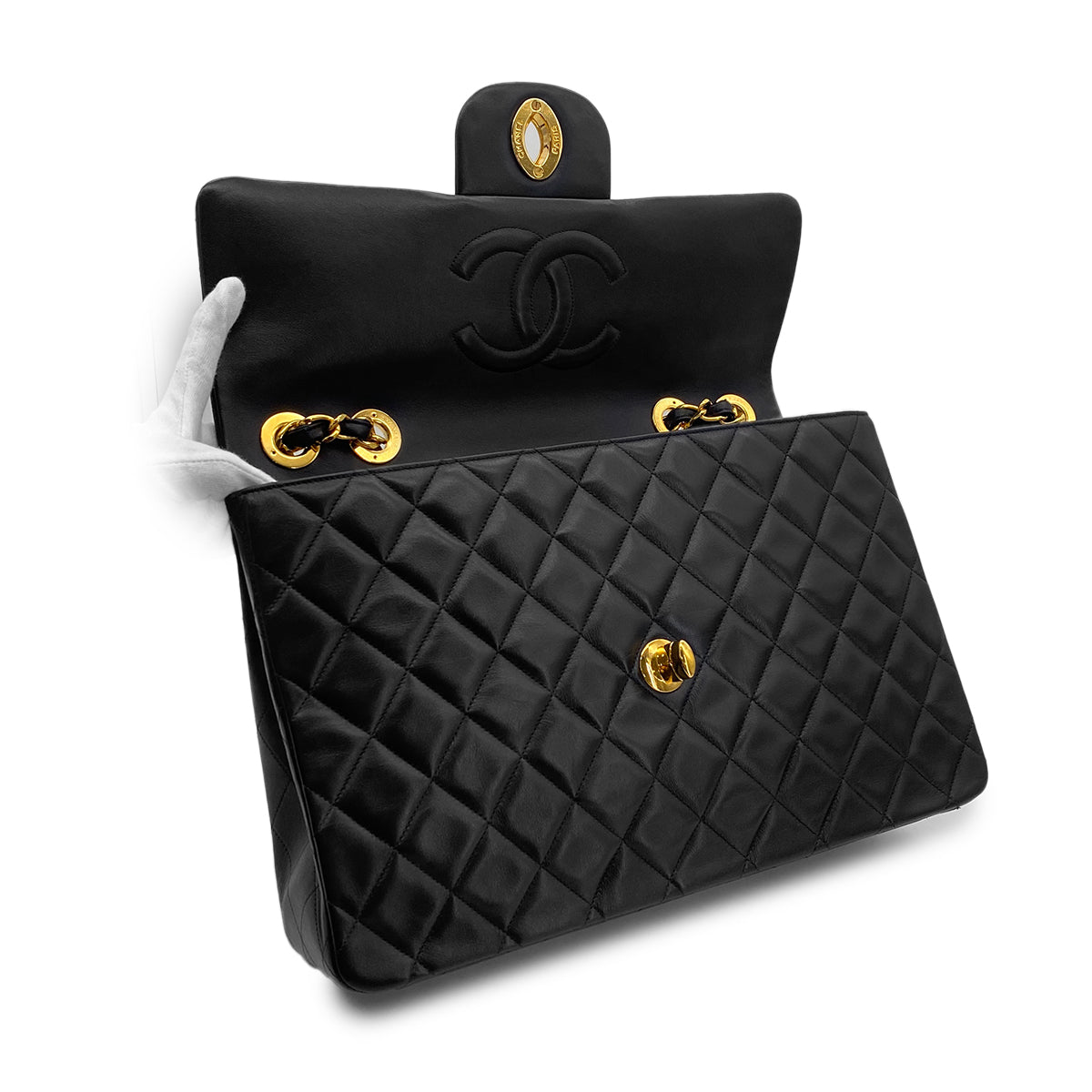 CHANEL VINTAGE MAXI MATELASSE 34 CHAIN SHOULDER BAG BLACK LAMB SKIN 90301745