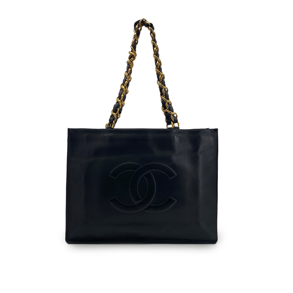 CHANEL VINTAGE BIG COCO CHAIN TOTE BAG BLACK LAMB SKIN 90301751