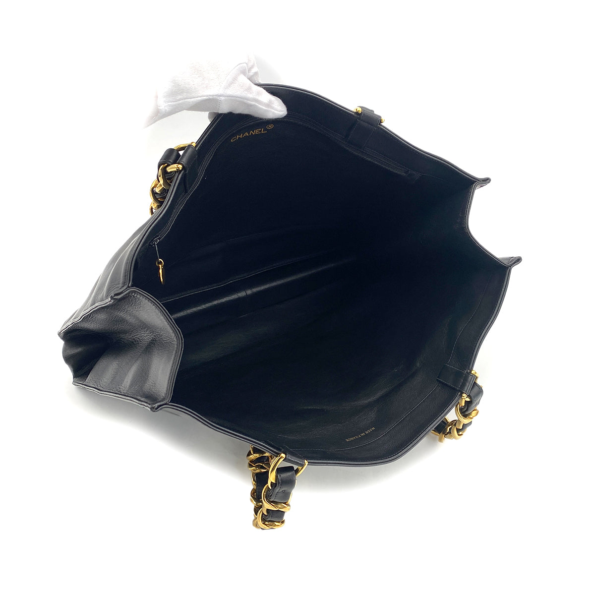 CHANEL VINTAGE BIG COCO CHAIN TOTE BAG BLACK LAMB SKIN 90301751