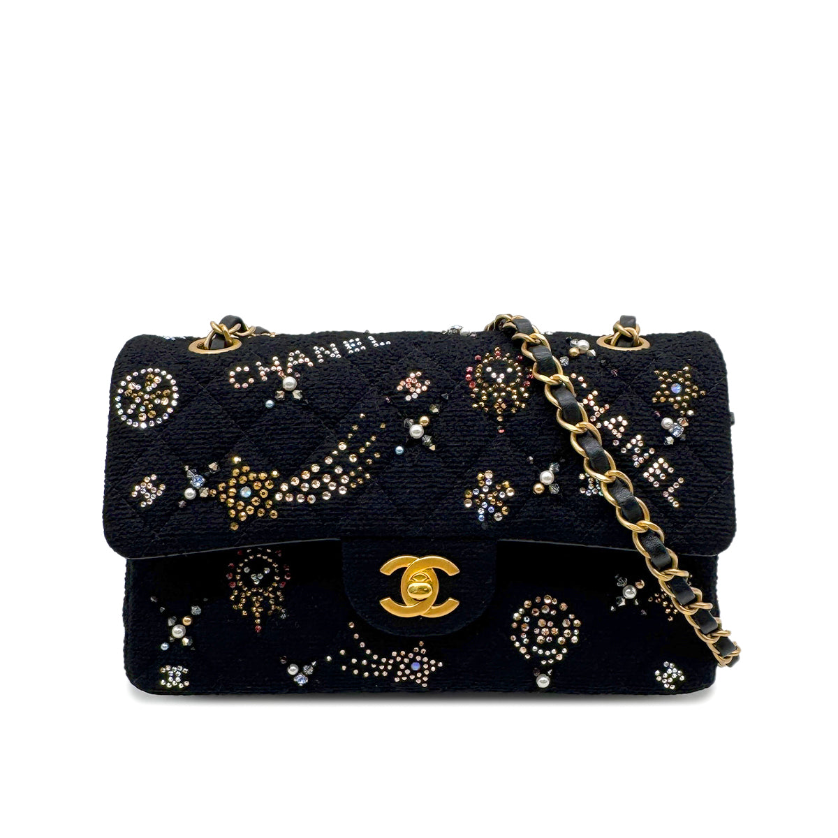 CHANEL MATELASSE CHAIN SHOULDER BAG BLACK TWEED BEADS RHINESTONE 90302336