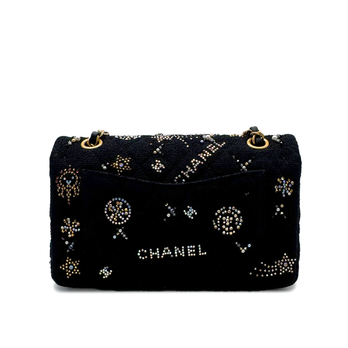 CHANEL MATELASSE CHAIN SHOULDER BAG BLACK TWEED BEADS RHINESTONE 90302336