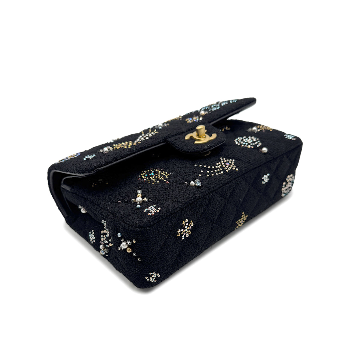 CHANEL MATELASSE CHAIN SHOULDER BAG BLACK TWEED BEADS RHINESTONE 90302336