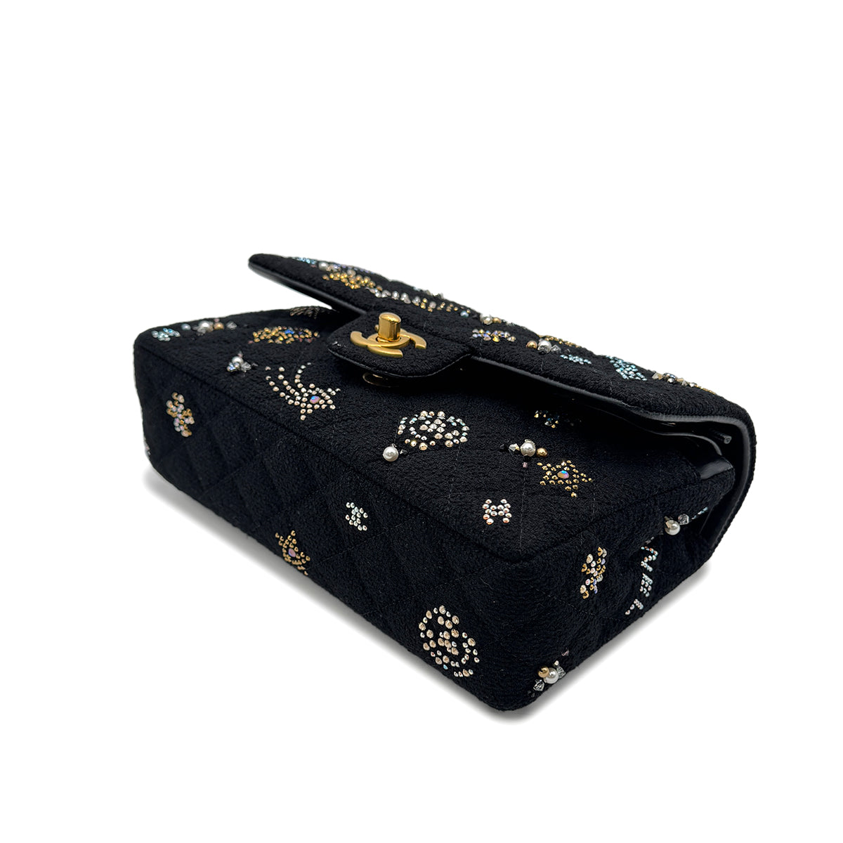 CHANEL MATELASSE CHAIN SHOULDER BAG BLACK TWEED BEADS RHINESTONE 90302336