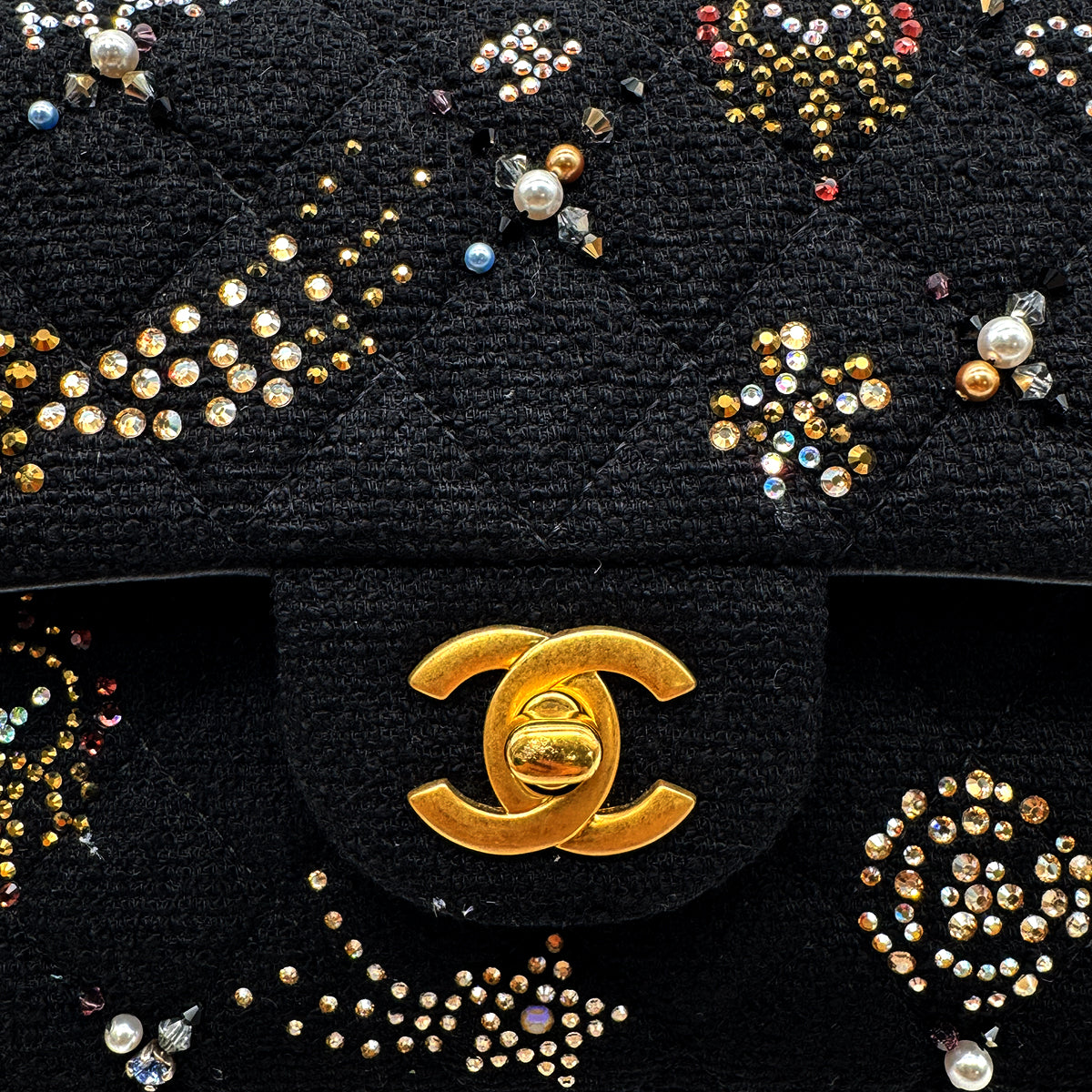 CHANEL MATELASSE CHAIN SHOULDER BAG BLACK TWEED BEADS RHINESTONE 90302336