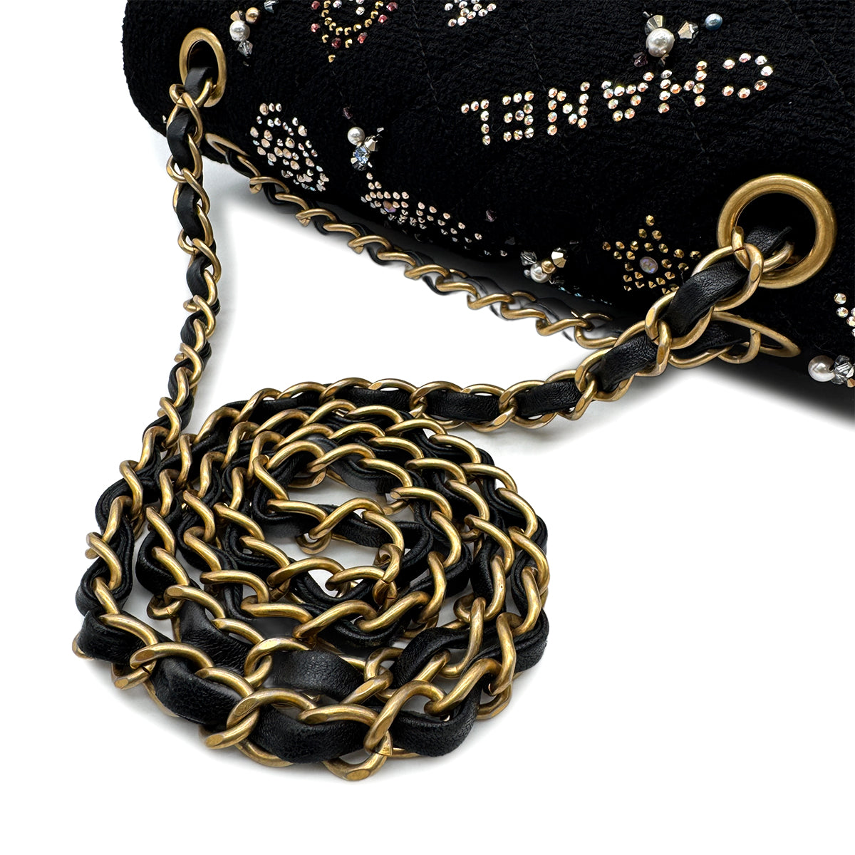 CHANEL MATELASSE CHAIN SHOULDER BAG BLACK TWEED BEADS RHINESTONE 90302336