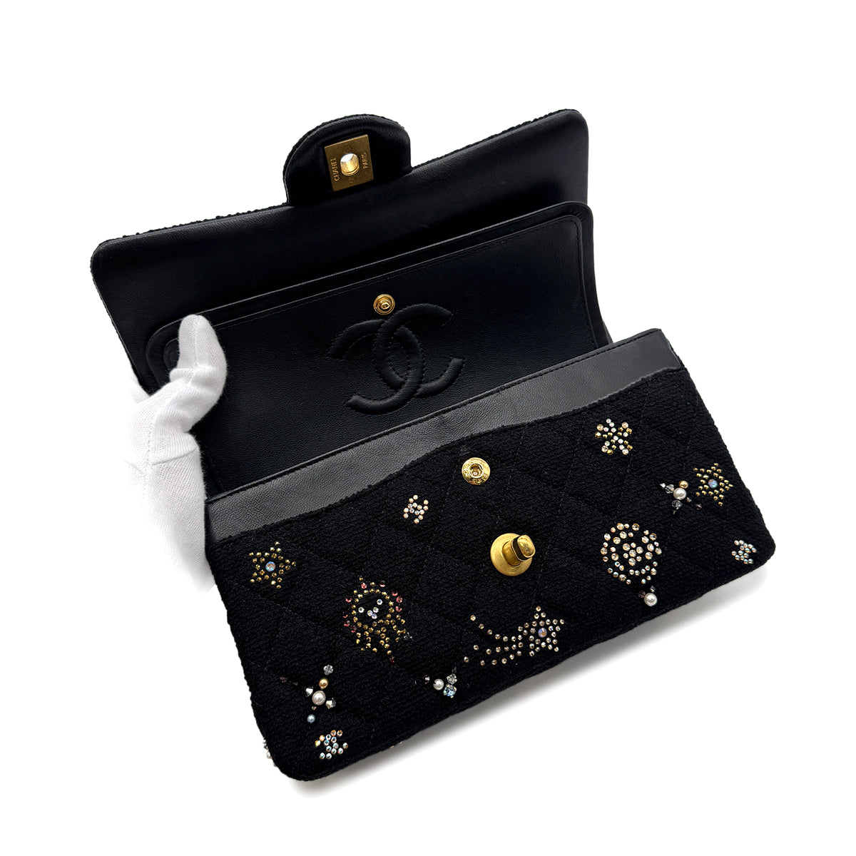 CHANEL MATELASSE CHAIN SHOULDER BAG BLACK TWEED BEADS RHINESTONE 90302336